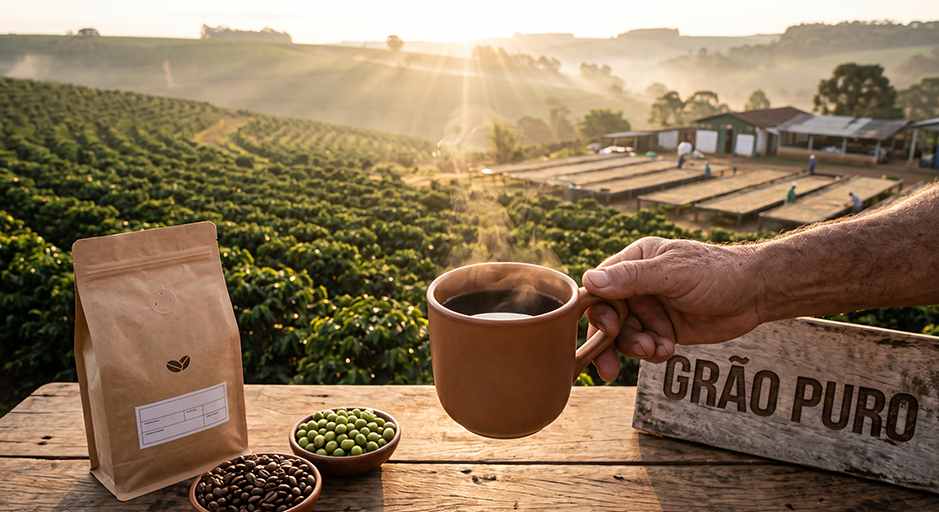 Lavoura com um xicara e um pacote de café pronto